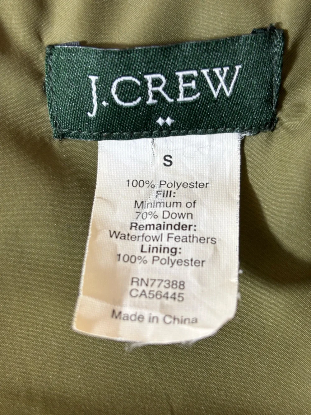 J. Crew Vintage Down Puffer Vest Toggle Rope Closures Preppy Cozy Green Sz Small